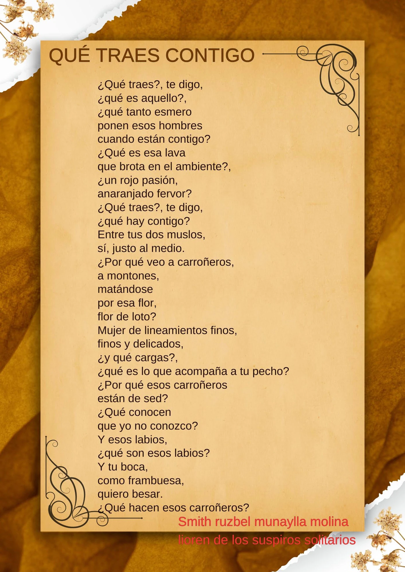 Poema Qué traes contigo, de Smith Ruzbel Munaylla Molina